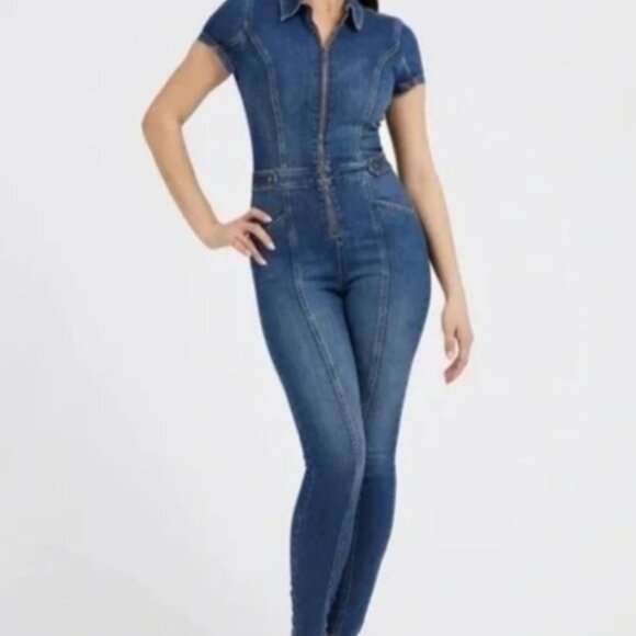 GUESS Collared Denim Jeans Jumpsuit Short Sleeve Zip Front Logo Stretchy Blue XS - Picture 6 of 7